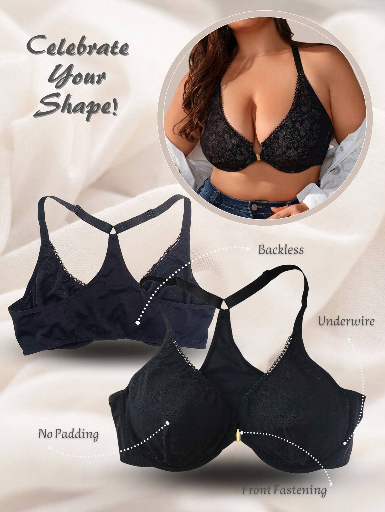 Plus Sized Lace Front Closure Underwire Bra with Halter Neck